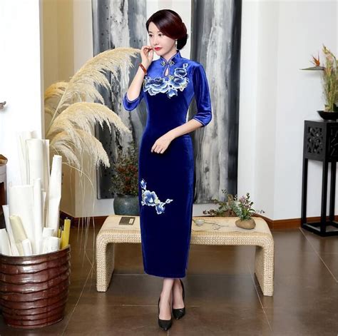 Blue Chinese Women S Embroidery Velour Evening Dress Long Cheongsam Ize S Xl
