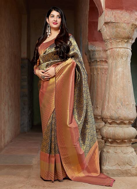 Buy Golden And Red Banarasi Silk Wedding Wear Weaving Saree Online From Wholesale Salwar