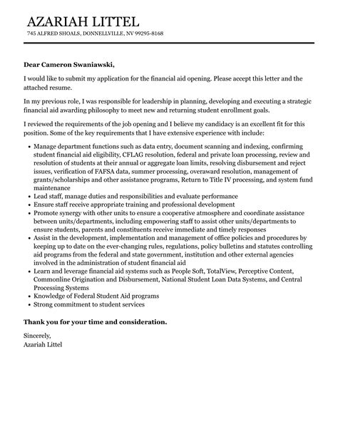 Financial Aid Cover Letter Velvet Jobs