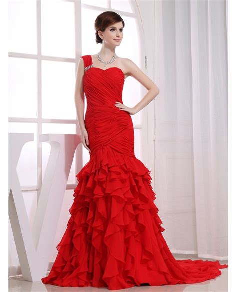 Red Mermaid One Shoulder Sweep Train Chiffon Wedding Dress With Cascading Ruffle Op3148 1643