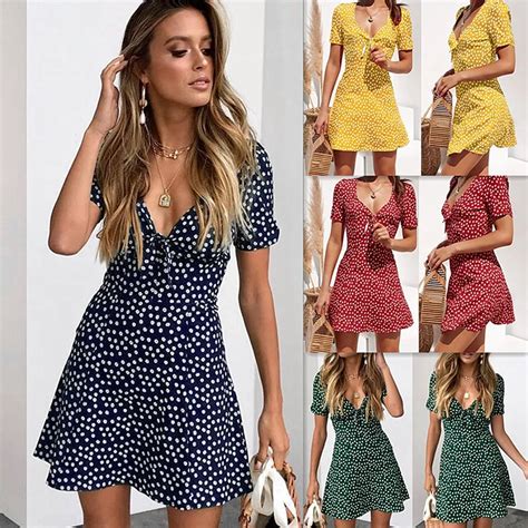 women s polka dot short sleeve dress summer mini dress ladies short sleeve bodycon beach party