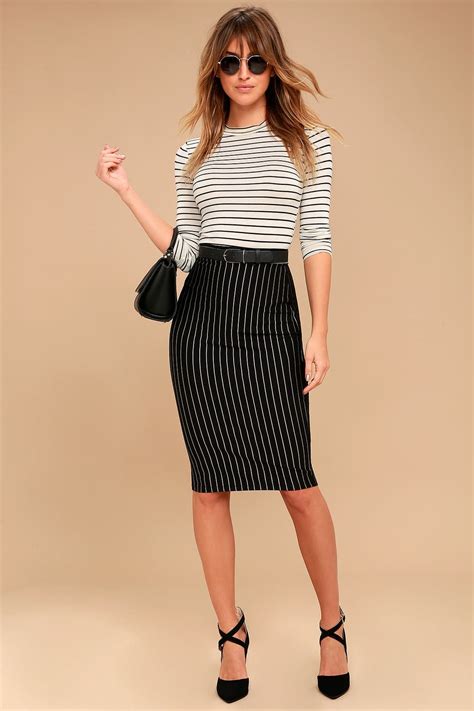 Line Up Black Pinstripe Pencil Skirt Trendy Work Outfit Professional