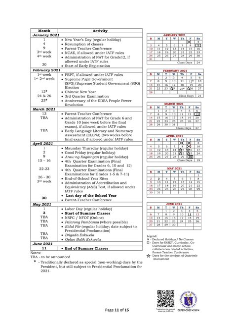 Deped Monthly School Calendar Of Activities For School Year 2020 2021