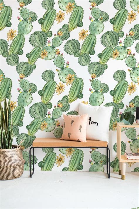 Cacti With Flowers Removable Wallpaper Green And White 32 Etsy