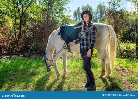 Young Rider Woman With White Horse Stock Photo Image Of Equine