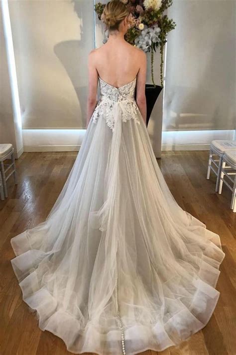 A Line Sweetheart Strapless Backless Silver Grey Tulle Wedding Dresses