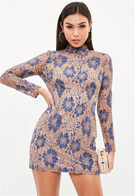 Lyst Missguided Nude High Neck Contrast Lace Dress