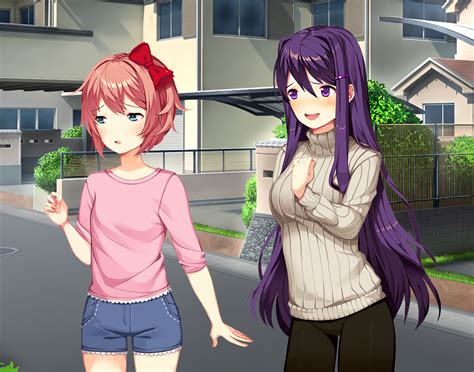 Basically Sayori And Yuri In Casual Clothes With Their Facial Expressions And Eye Shape Swapped