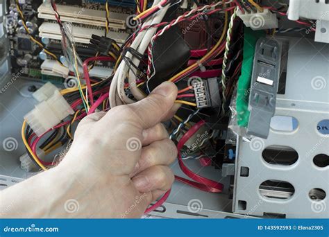 A Man Connects The Hdd To Desktop Pc Technician Equipment Repair Stock