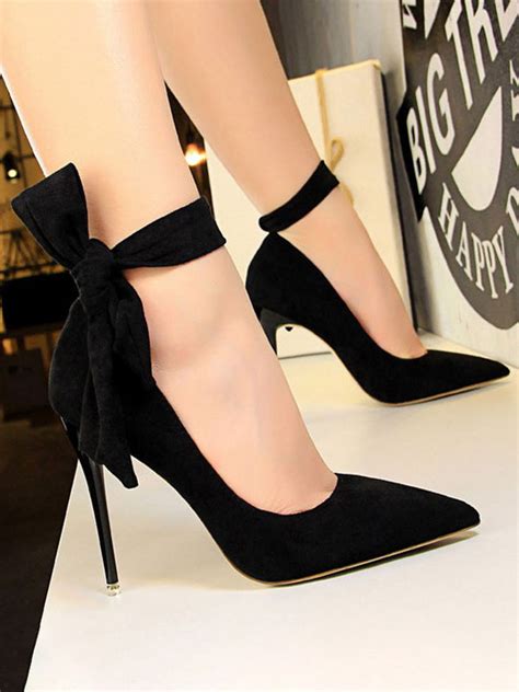 Women Black High Heels Bows Pointed Toe Stiletto Heel Ankle Strap Pumps