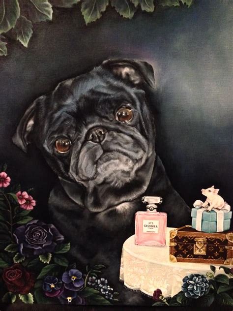 A Painting Of A Black Pug Dog Sitting Next To A Cake