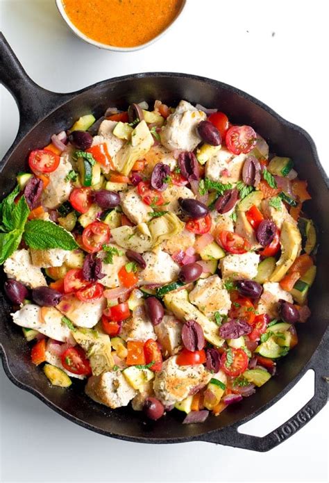 Mediterranean Chicken Skillet With Roasted Red Pepper Pesto Wholesomelicious