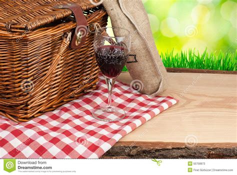 Picnic Basket On The Table And Bottle Of Wine Top Angle Stock Image