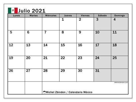 Descarga tu calendario en pdf o jpg o incluye el widget en tu web. Calendario julio 2021 - México - Michel Zbinden ES