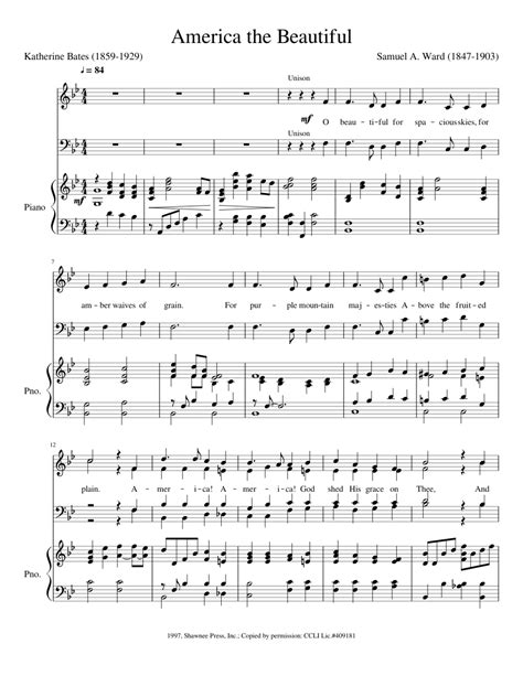 America The Beautiful Sheet Music For Piano Vocals Bass Mixed Trio