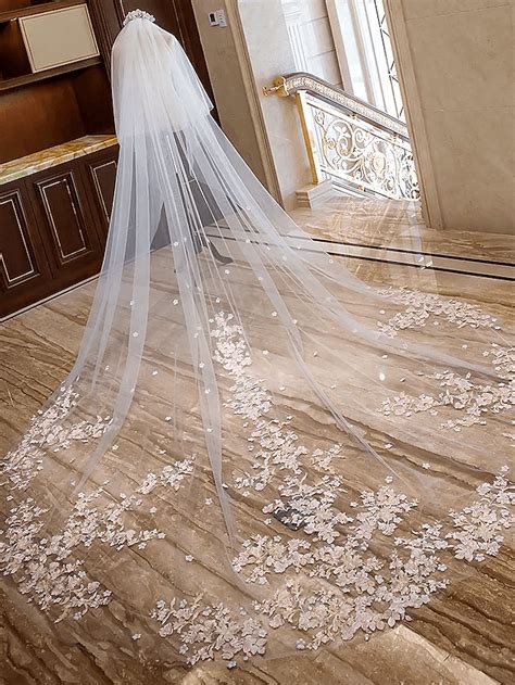 Two Tier Floral Wedding Veil Cathedral Veils With Appliques Lace Tul