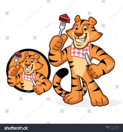 Tiger Character Mascot Eat Meat Vector Stock Vector Royalty Free