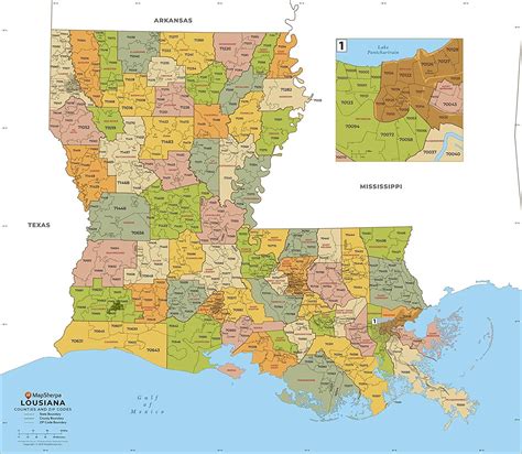 Louisiana Zip Code Map With Counties Standard 36 X 31