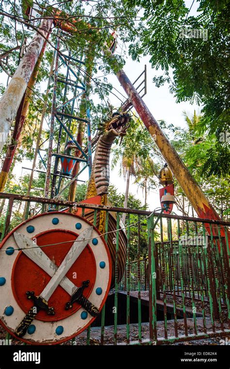 Rusty Decayed Pirate Ship Ride At Yangon Abandoned Amusement Park Stock