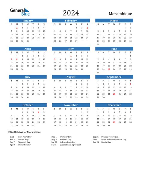 2024 Mozambique Calendar With Holidays
