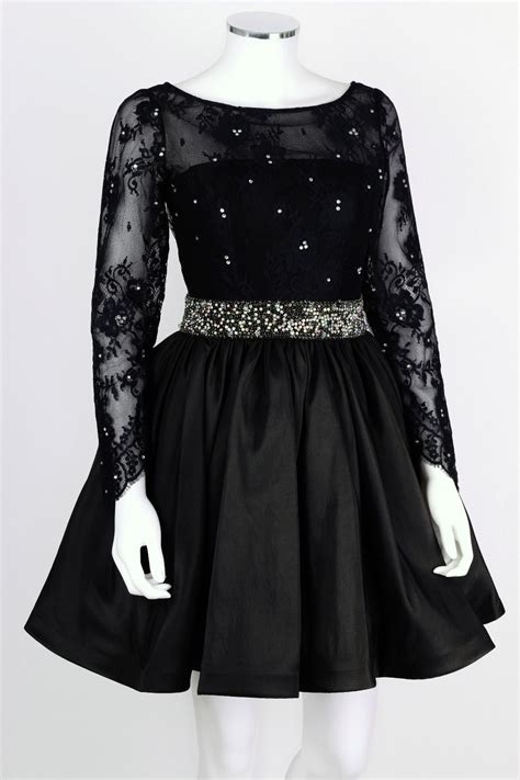 Black Short Prom Dress Black Lace Prom Dress Back Lace Long Sleeve