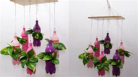 Recycled Soda Bottle Hanging Planter In Wooden Holder With Money Plants