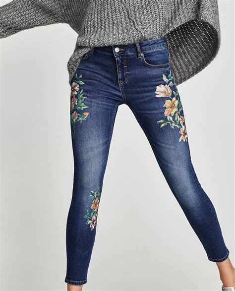 Image 3 Of Mid Rise Jeans With Floral Embroidery From Zara Floral Jeans Embroidered Jeans