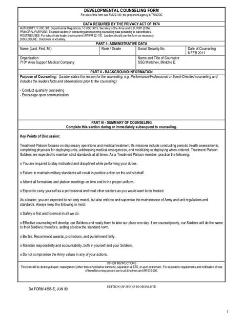 Army Counseling Form 4856 Initial Counseling Template