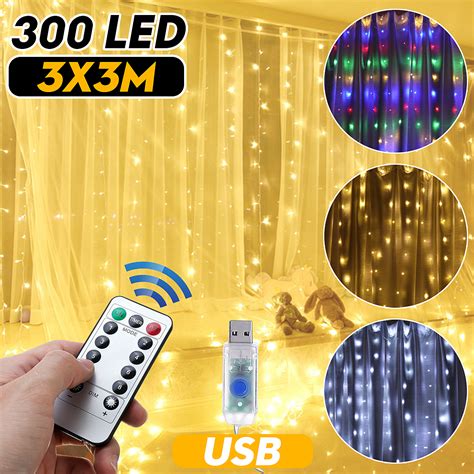 3m3m Usb 300 Led Curtain String Light With 10 Hooks For Outdoor