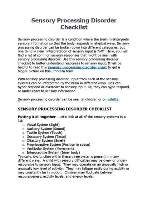 Sensory Processing Disorder Checklist Pdf
