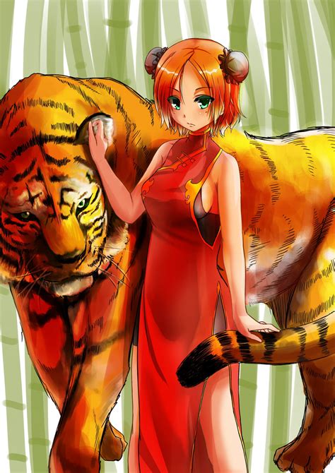 Anime Anime Girls Tiger Short Hair Redhead Green Eyes Chinese Dress Cheongsam Wallpaper