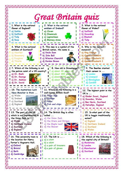 Great Britain Quiz Esl Worksheet By Kosamysh