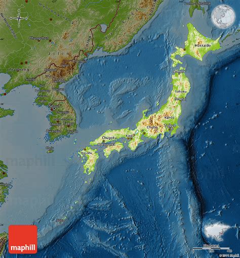 Physical map of japan showing major cities, terrain, national parks, rivers, and surrounding countries with international borders and outline maps. Physical Map of Japan, darken