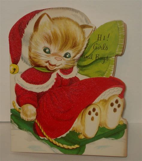 Vintage Christmas Cute Cat Kitten In Flocked Red Dress Sled Sweet Kids
