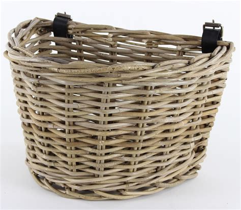 Grey And Buff Rattan Wicker Bicycle Basket With Adjustable Straps