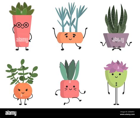 Set Of Cute Succulents Funny Characters In Cartoon Style Stock Vector