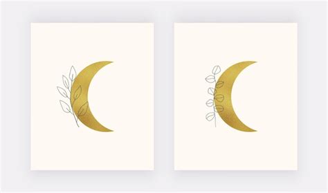 Premium Vector Gold Foil Moon With Leaves Wall Art Print Boho Mid