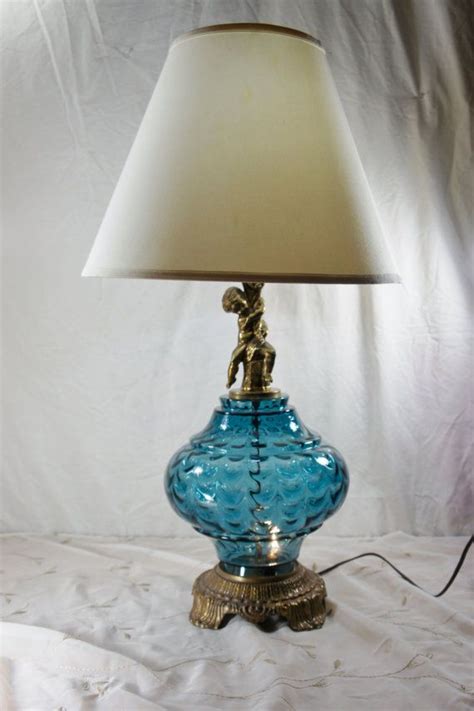 Vintage Table Lamp Blue Glass Cherub Accent Nightlight Unusual Color