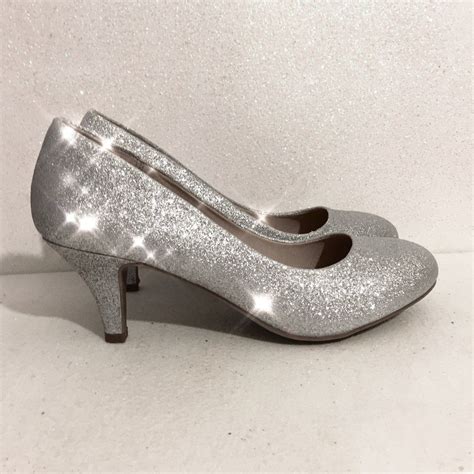 Womens Sparkly Silver Glitter Low Heels Shoes Wedding Bride Pumps Sale