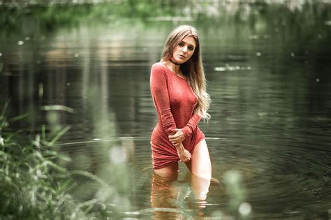 Wallpaper Women Blonde Choker Red Dress Nipples Through Clothing River Portrait Long