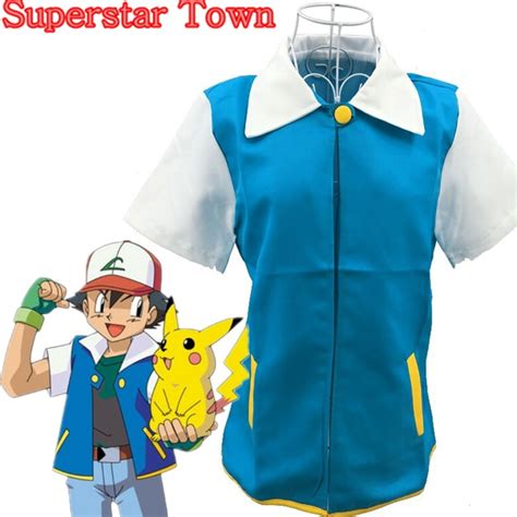 Anime Ash Ketchum Trainer Costume Jacket Adult Coat Cosplay Blue Jacket