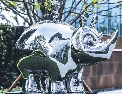 Stainless Steel Animal Sculpture Metal Rhino And Bird Sculpture