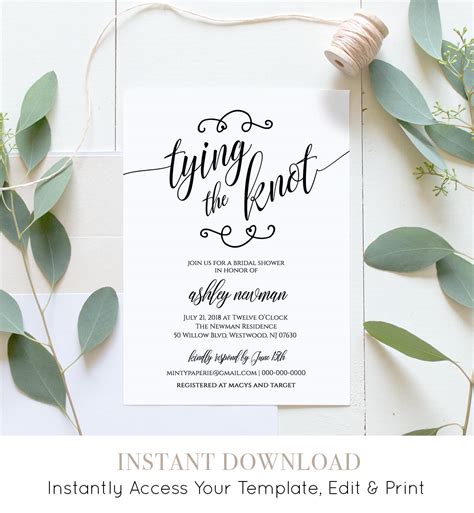 Rustic Bridal Shower Invitation Printable Tying The Knot Wedding Shower Invite Template Fully