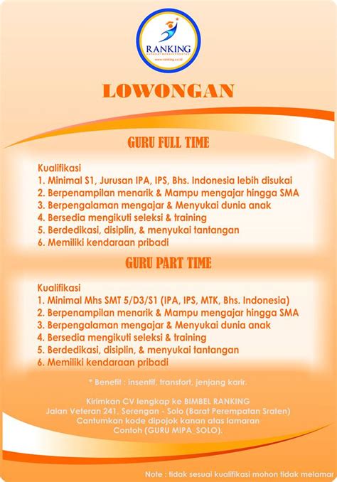Adapun mengenai formasi jabatan untuk lowongan dosen terdiri dari dosen ekonomi syariah, dosen kewirausahaan, dosen interior, dosen jaringan komputer, dosen statistika, dosen. Lowongan Kerja Bimbel Rangking