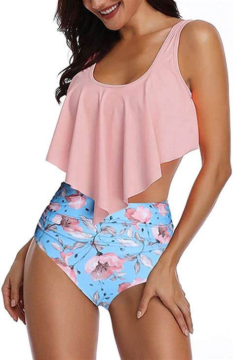 Women High Waisted Swimsuit Flounce Swimwear Pink Flower Size X Large C E EBay