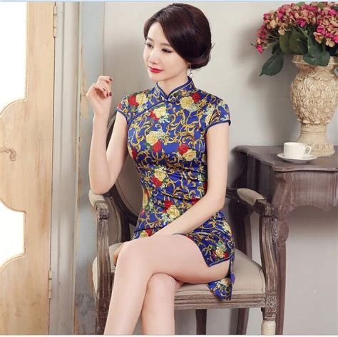 Fashion Chinese Womens Silksatin Mini Dress Cheongsam Blue Sz6 8 10