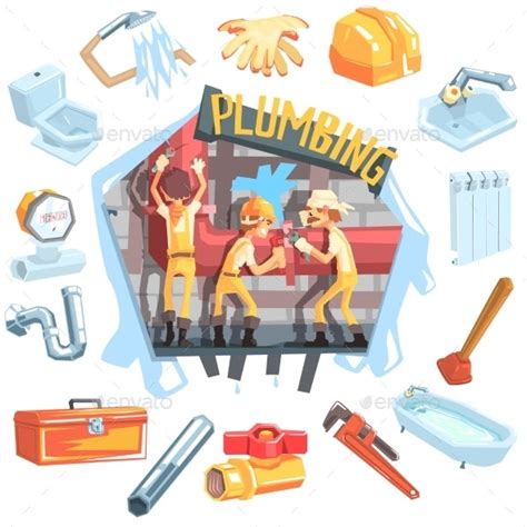 Three Plumbers At Work Surrounded By Profession By Topvectors