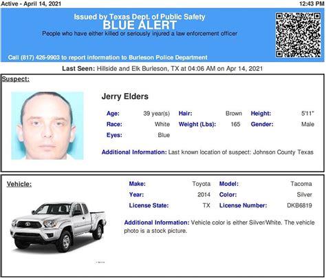 Authorities tuesday found a cadillac sedan linked to the shooting of a texas sheriff's deputy, but the gunman remains on the run and a statewide blue alert issued after the deputy was shot has. Blue Alert Issued For Jerry Elders in Texas