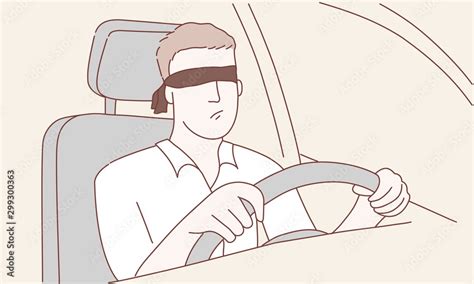 Blindfolded Man Drives A Car Inattentive Driving Concept Hand Drawn
