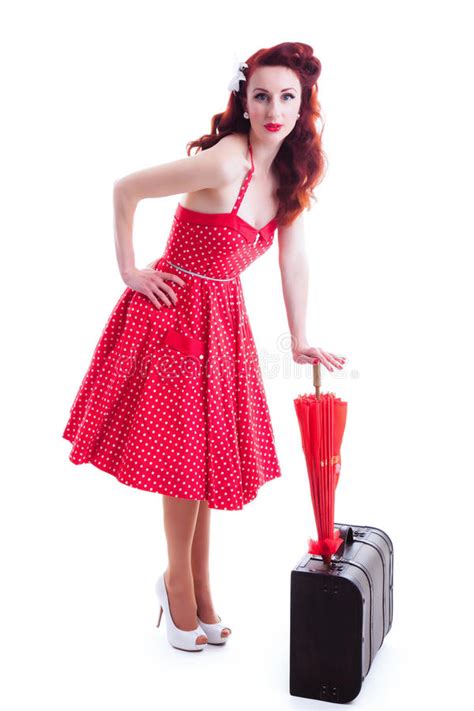 Beautiful Retro Pin Up Girl With Red Polka Dot Dress Stock